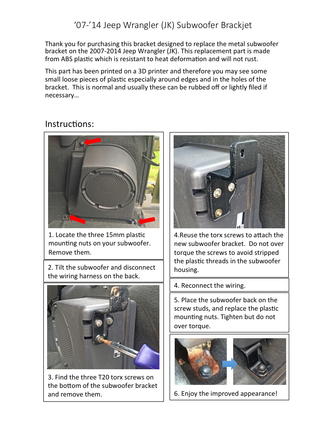 Plastic replacement subwoofer bracket for 20072010 Jeep Wranglers
